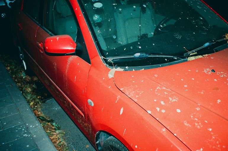 Красный автомобиль с запылённым капотом и листвой стоит на открытой улице