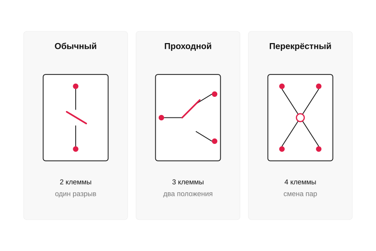Устройство выключателей: обычный, проходной, перекрёстный
